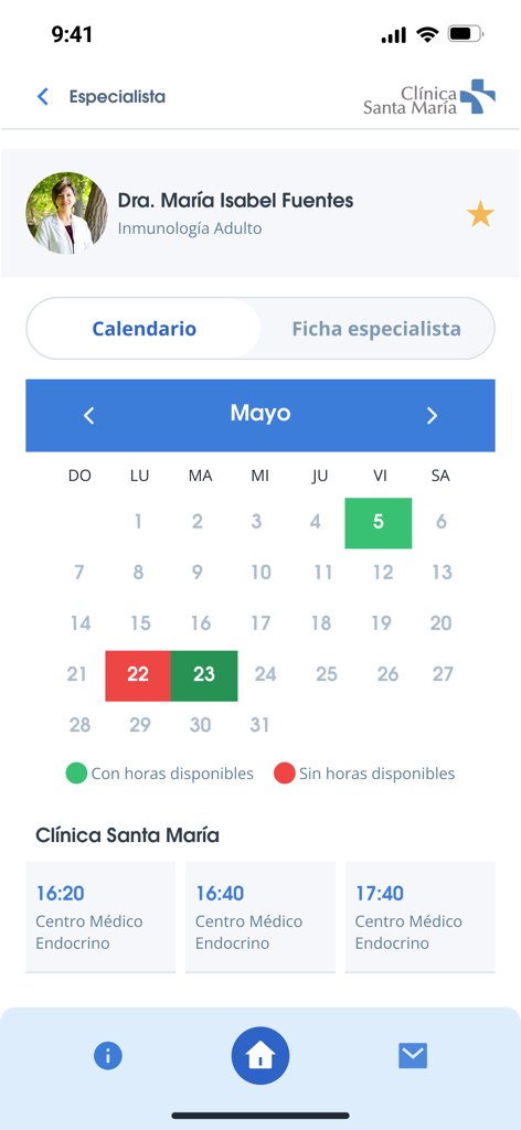 Calendario de reserva de citas médicas en la aplicación móvil de Clínica Santa María