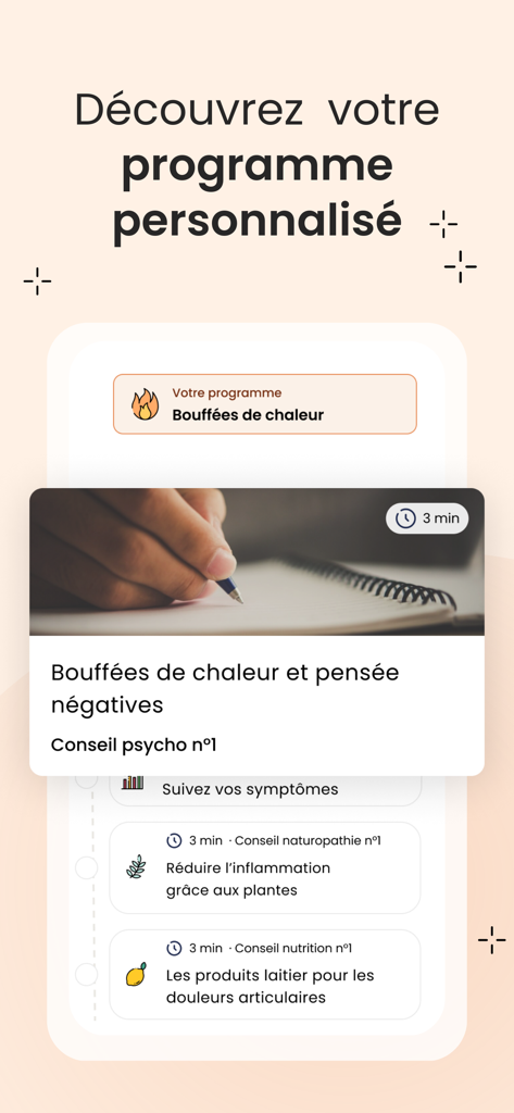 Mobile app interface showing a personalized menopause wellness program with symptom tracking and health advice
