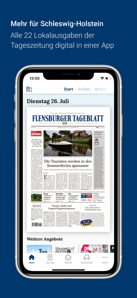 Die Benutzeroberfläche der shz E-Paper App, die eine regionale deutsche Tageszeitung auf einem Mobiltelefon zeigt.