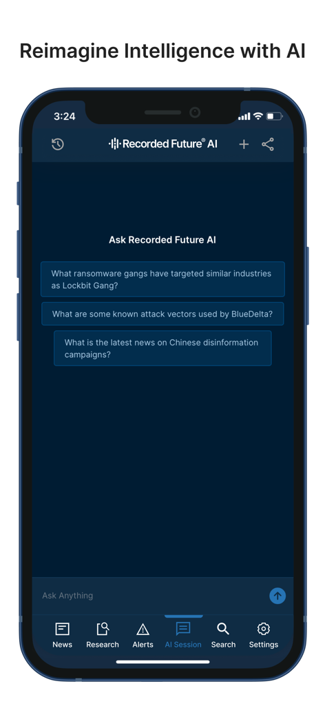Recorded Future - Recorded Future mobile App-Oberfläche, die den KI-Sitzungsbildschirm mit Beispielabfragen zu Cyberbedrohungsintelligenz zeigt