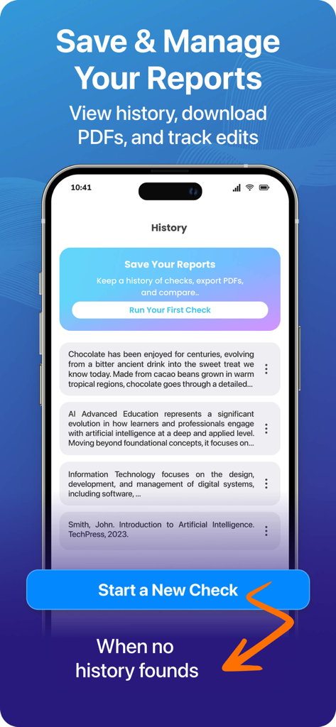 A mobile app screen showing a history of plagiarism checks and saved reports.