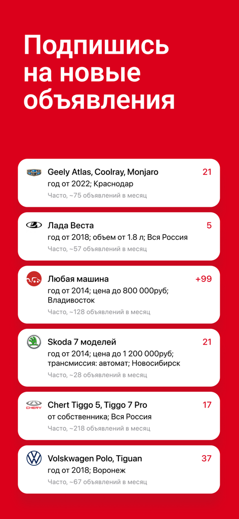 A screen showing a list of saved car searches and subscription notifications for different vehicle models and cities in the Drom app