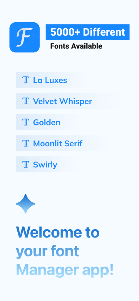 Install Font - Fonts Installer - Pantalla de bienvenida de la app Fuentes Instalador mostrando una biblioteca de más de 5000 fuentes personalizadas.