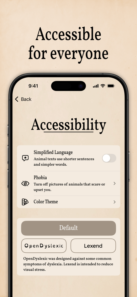 Art of Fauna: Cozy Puzzles - Accessibility settings screen in Art of Fauna app showcasing inclusive design features like dyslexia-friendly fonts and phobia filters.