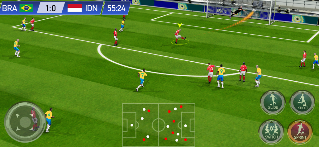 Play Football 2026- Real Goal - ブラジル対インドネシアのモバイルサッカーマッチ、ゴールを狙うプレイヤーが登場するPlay Football 2026のゲームプレイ画面