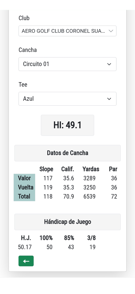 AAG Matriculados - Datos del campo de golf y pantalla de cálculo de hándicap en la aplicación AAG Matriculados.
