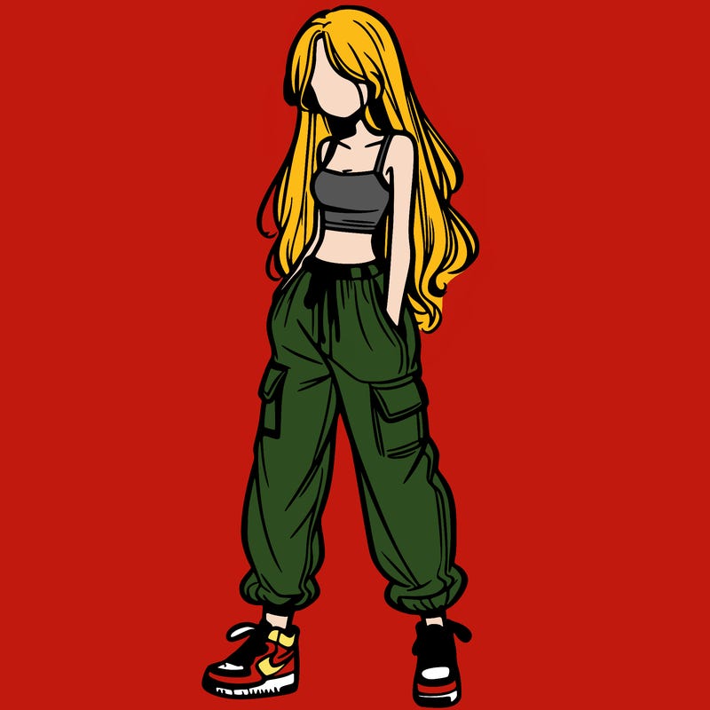 girl in baggy pants crop top and long hair