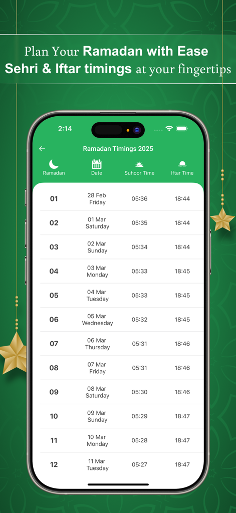 Muslim Prayer Times - Athan - Calendrier du Ramadan 2025 avec les horaires du Suhoor et de l'Iftar dans l'application Muslim Prayer Times