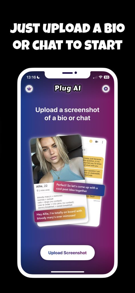 Plug AI: Pick Up Lines & Rizz - Plug AI mobile app interface showing the option to upload a screenshot of a dating bio or chat for AI generated response suggestions