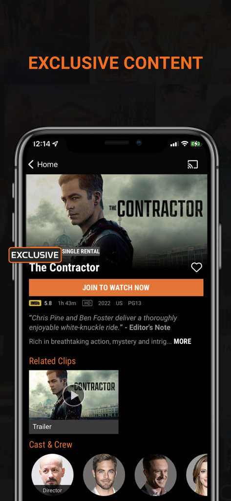 Interfaccia dell'app CATCHPLAY+ che mostra i dettagli del film con valutazioni IMDb e informazioni sul cast