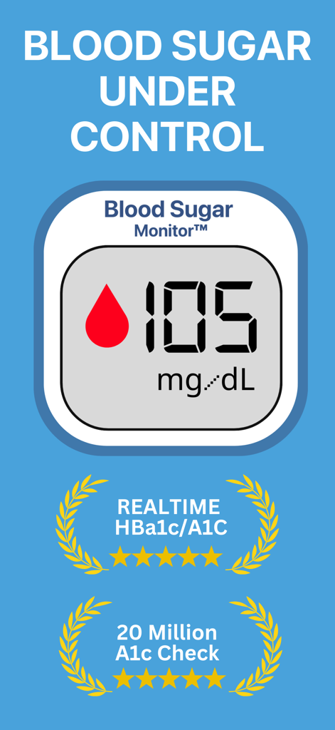 Blood Sugar Monitor Free of ad - La aplicación Sugar Monitor muestra una lectura de glucosa de 105 mg por dL y funciones de seguimiento de A1C en tiempo real