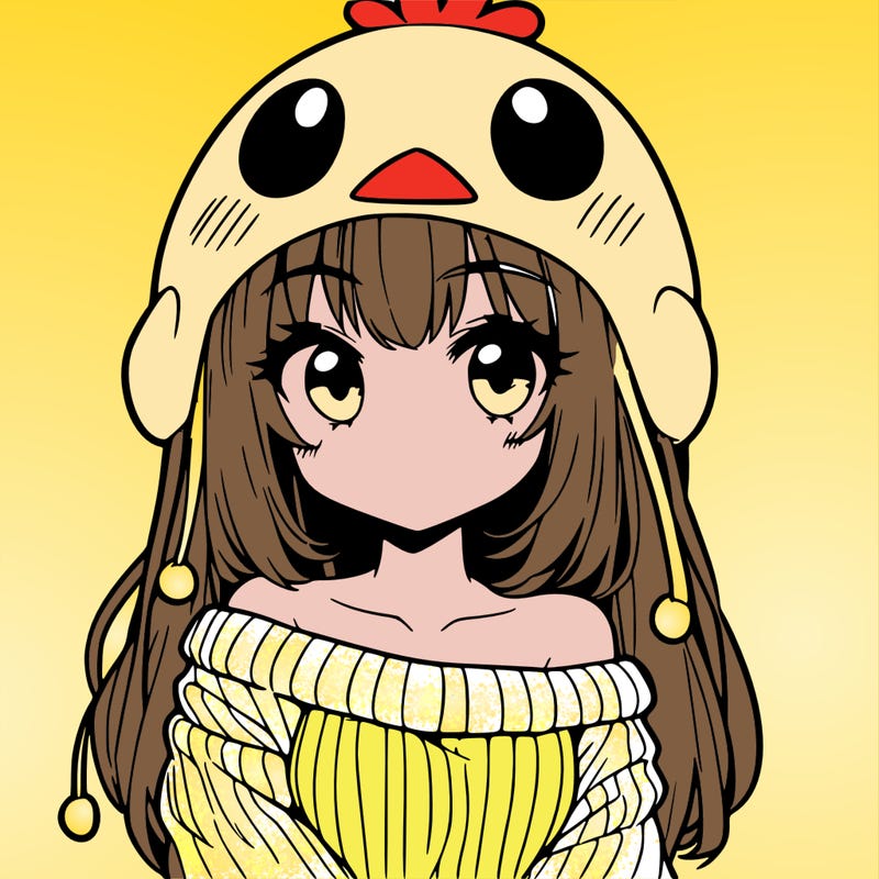anime girl with chick shaped hat with sweater with bare shoulders with bangs covering them one eye with low tail