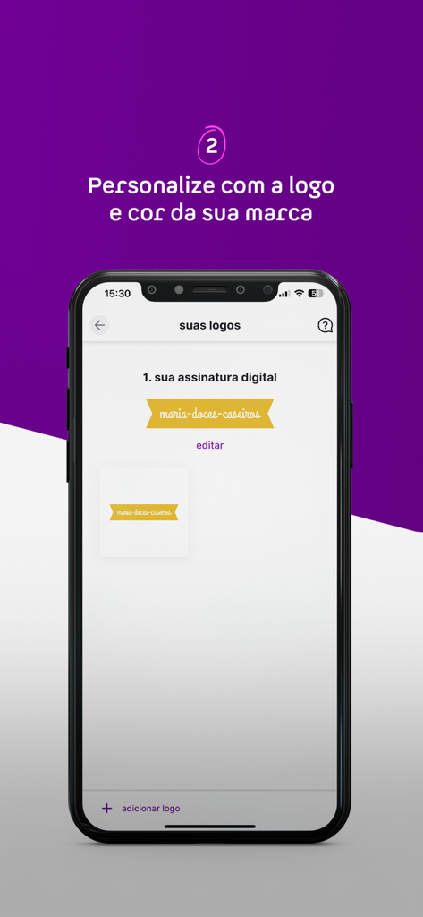 Ahazou: seus posts prontos - Interface do app para upload e personalização de logotipo de marca para posts em redes sociais.