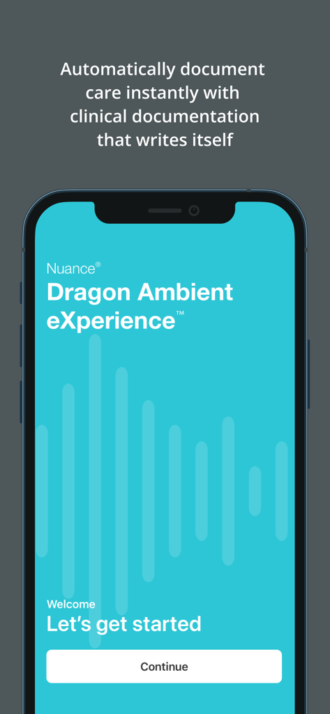 Welcome screen of the DAX 2023 Dragon Ambient eXperience app for clinical documentation