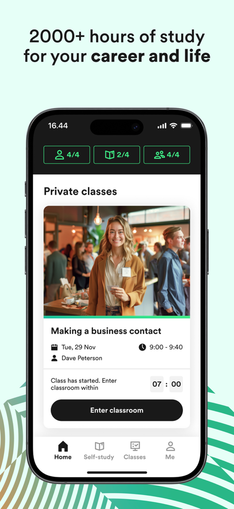 Smartphone screen displaying the EF English Live app's private Business English class interface for professional networking.