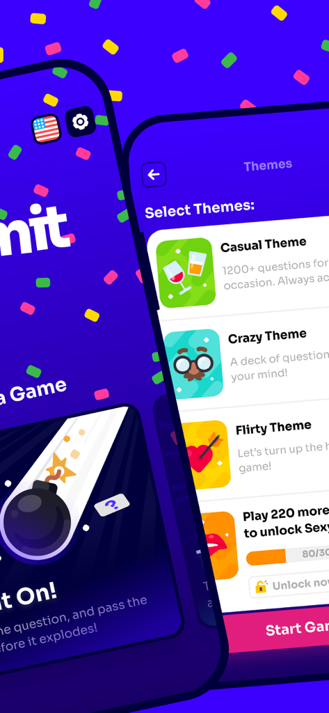 Boomit - Most Likely To - Un smartphone affichant l'écran de sélection des thèmes du jeu de société Boomit et le mode de jeu de la bombe.