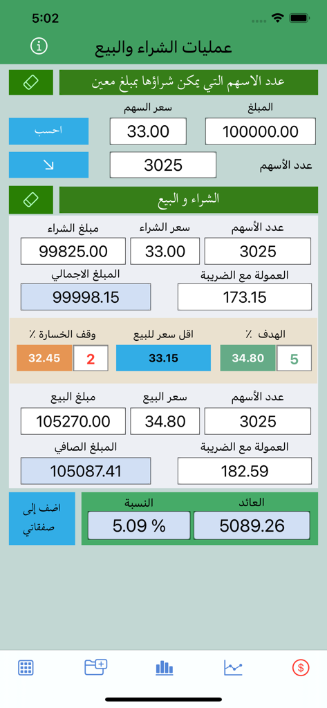 حاسبة الأسهم المنوعة - Arabic language stock trading calculator screen for profit and loss analysis