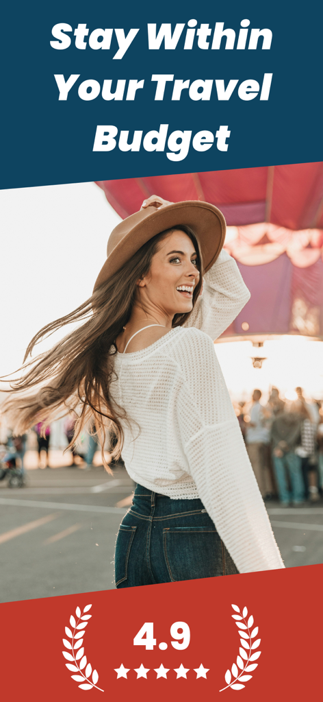 A smiling woman traveler with text saying Stay Within Your Travel Budget and showing a 4.9 star rating.