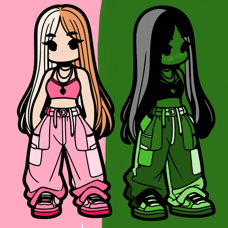 girl in baggy pants crop top and long hair