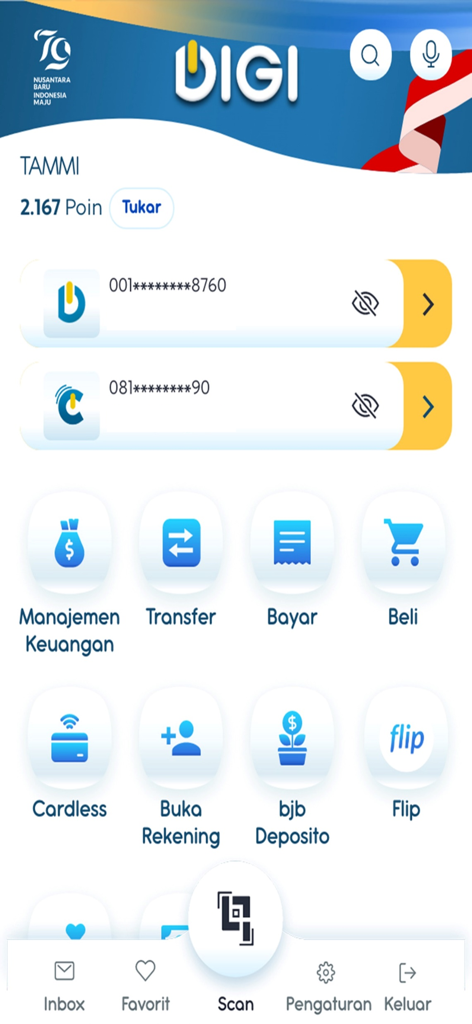 Dashboard of the DIGI bank bjb mobile app showing account balances and financial service icons.