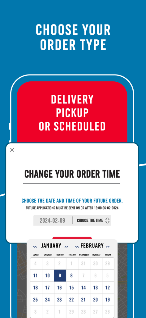 Domino’s MENA - Domino's MENA app screen for choosing delivery pickup or scheduled orders with a calendar date selector