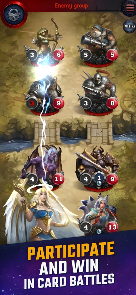 Card Heroes: CCG Magic Arena - Escena de batalla de cartas de fantasía en Card Heroes CCG Magic Arena con varias cartas de héroe