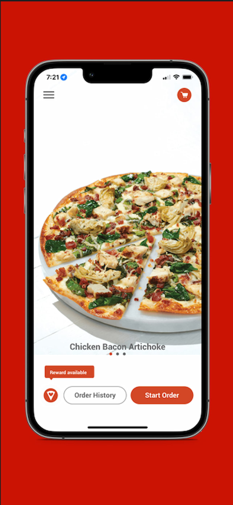 Interface do aplicativo Papa Murphys mostrando uma pizza de Frango, Bacon e Alcachofra com botões de pedido