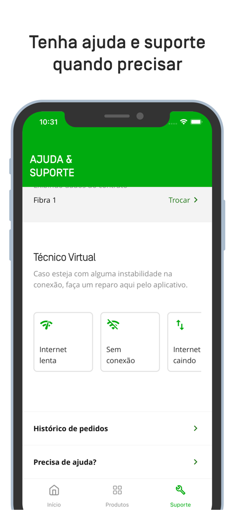 Oi_e - Help and support interface of the Oi_e app showing technical troubleshooting options for internet connectivity