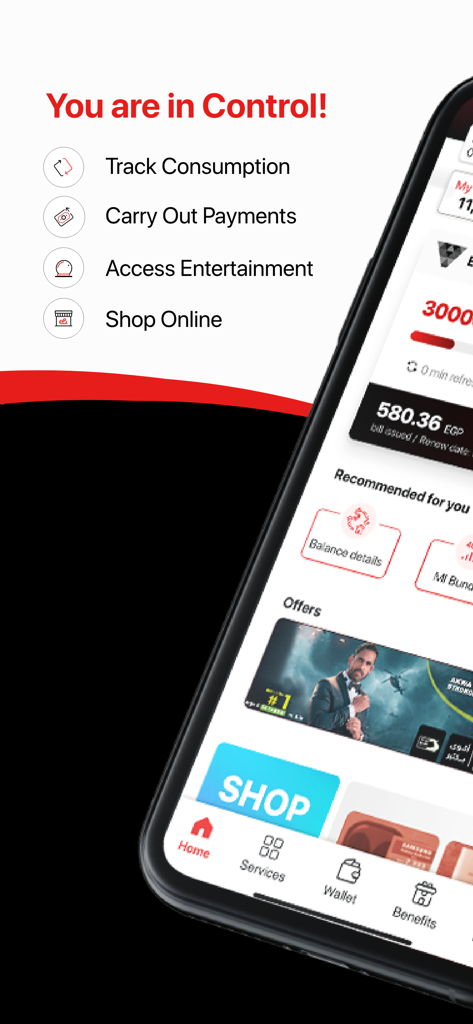 Interface do aplicativo My e& - EG destacando o rastreamento de consumo, pagamentos e recursos de compras online.