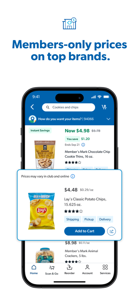 Sams Club app interface showing exclusive member prices for Lay's potato chips and other snacks.