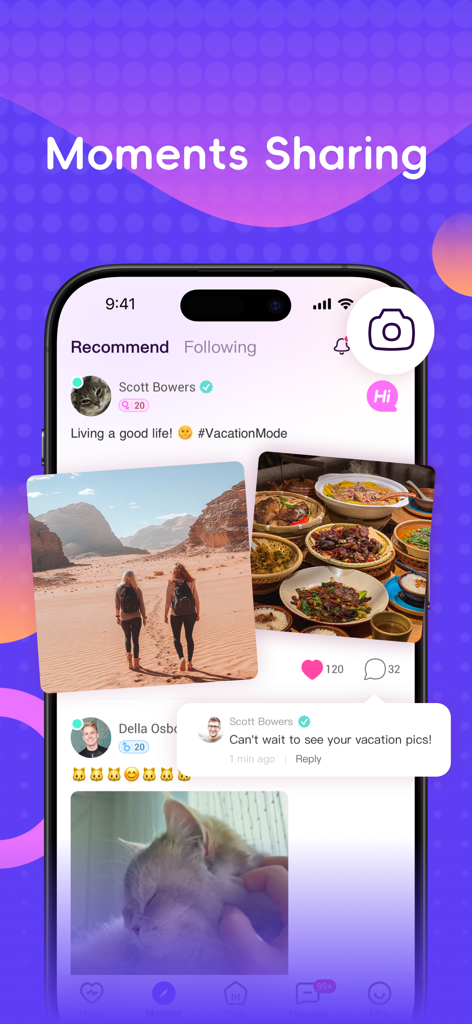 Mobile app interface showing a social feed called Moments Sharing where users post photos and comments