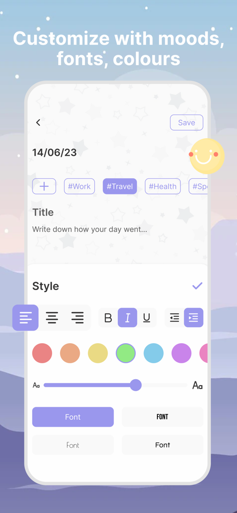 My Diary with password & lock - My Diaryアプリのカスタマイズインターフェース。ジャーナルエントリのフォント、色、テキストスタイルの変更オプションを表示。