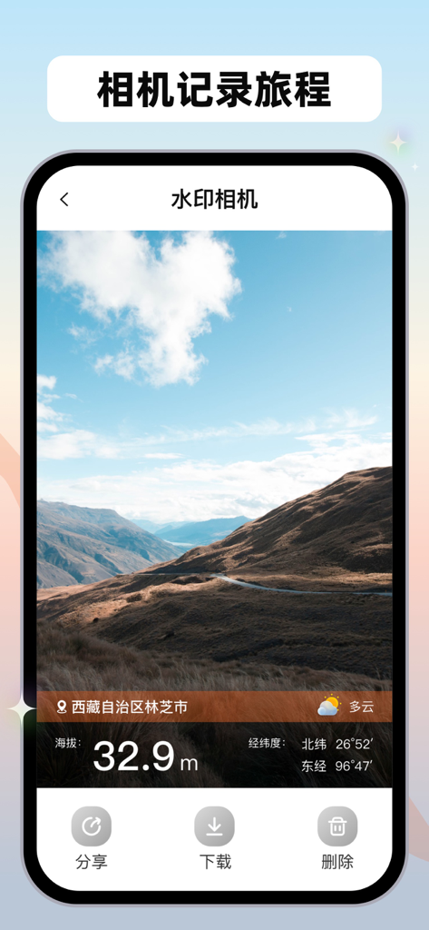 Outdoor altimeter app watermark camera interface displaying a scenic mountain view with altitude and GPS data
