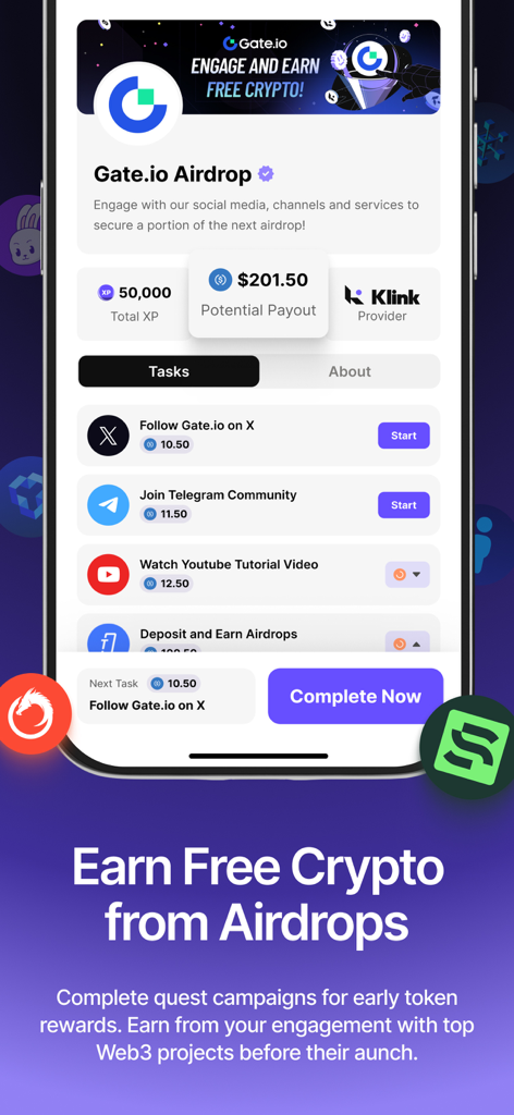 Klink: Earn Cash & Rewards - Klink app screen showcasing crypto airdrop missions and rewards.