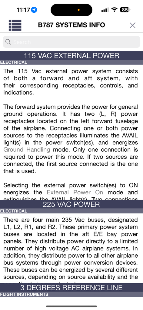 Technical documentation for Boeing 787 electrical power systems and flight instruments within the training app.