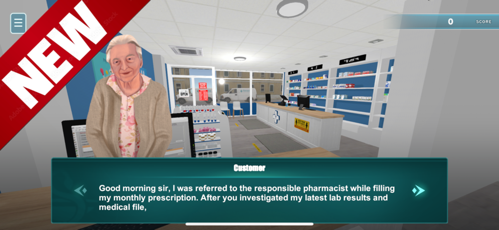 Pharmlator - Uma simulação de farmácia 3D mostrando uma interação com um cliente no balcão na Pharmlator