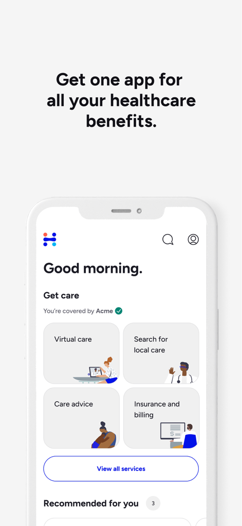 Included Health - L'écran d'accueil de l'application Santé inclut des options de soins virtuels et de facturation d'assurance.