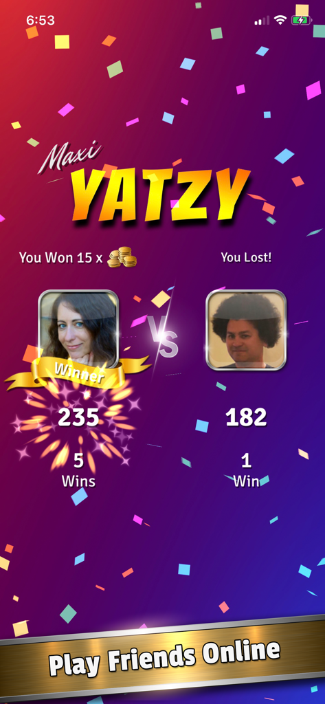 Results screen of an online multiplayer match in Yatzy Dice Master showing the winner and final scores with celebratory confetti