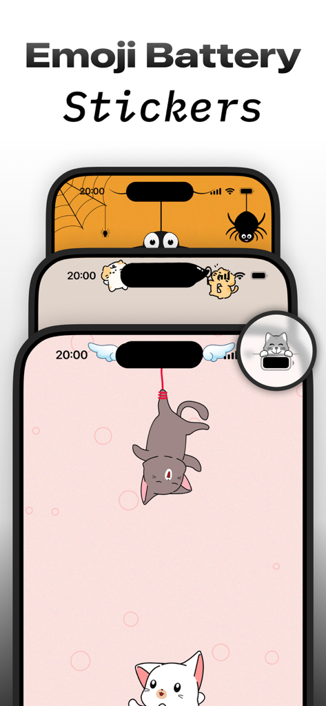 Emoji Battery Widget - Examples of custom iPhone status bar designs with cute cat and spider stickers from the Emoji Battery Widget app