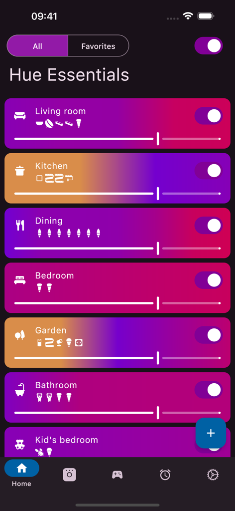 Hue Essentials - Dashboard interface of Hue Essentials app showing room by room smart lighting controls with toggles and brightness sliders