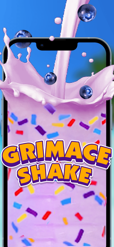 A virtual Grimace Shake with blueberries and colorful sprinkles displayed on a smartphone screen.