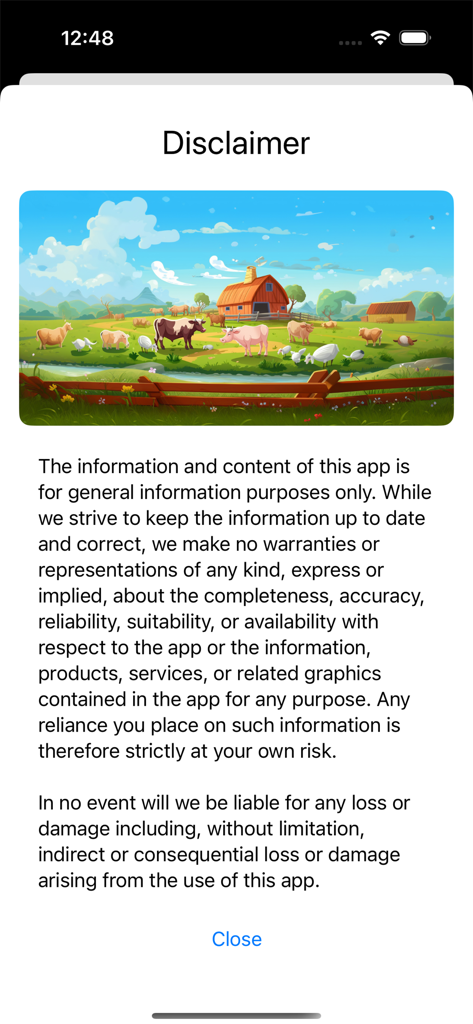 Animal Voices on a Farm - Pantalla de descargo de responsabilidad de la aplicación Voces de Animales en la Granja que muestra información legal y una ilustración colorida de una granja