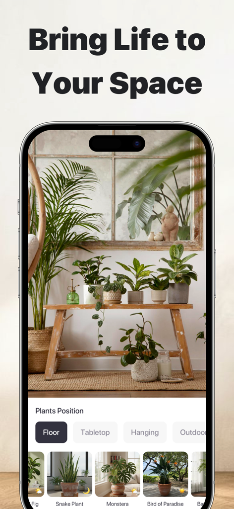 Interfaz de aplicación móvil que muestra opciones para agregar y posicionar varias plantas de interior en un diseño de habitación