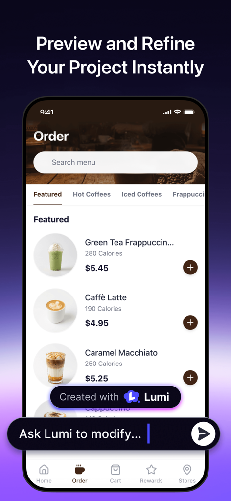 Lumi: vibe coding app - A mobile interface created with Lumi showing a coffee shop order screen with an AI prompt bar to modify the design.