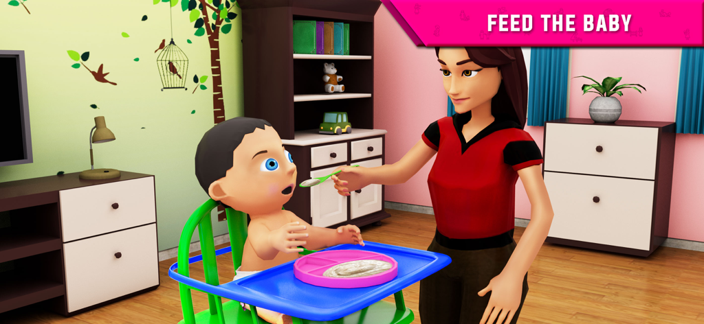 Mother Simulator:Mom Life Game - A virtual mother feeding a baby in a high chair