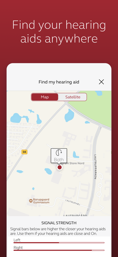ReSound Smart - La schermata Trova il mio apparecchio acustico nell'app ReSound Smart che mostra una mappa e barre di intensità del segnale per i dispositivi sinistro e destro.