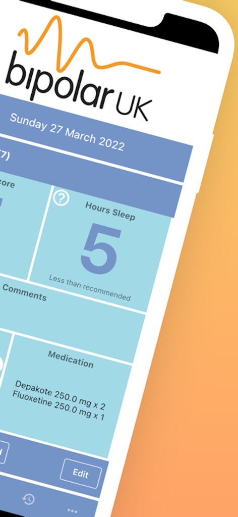 Bipolar UK Mood Tracker - Bipolar UK Mood Tracker app interface showing sleep hours and medication logs for daily tracking