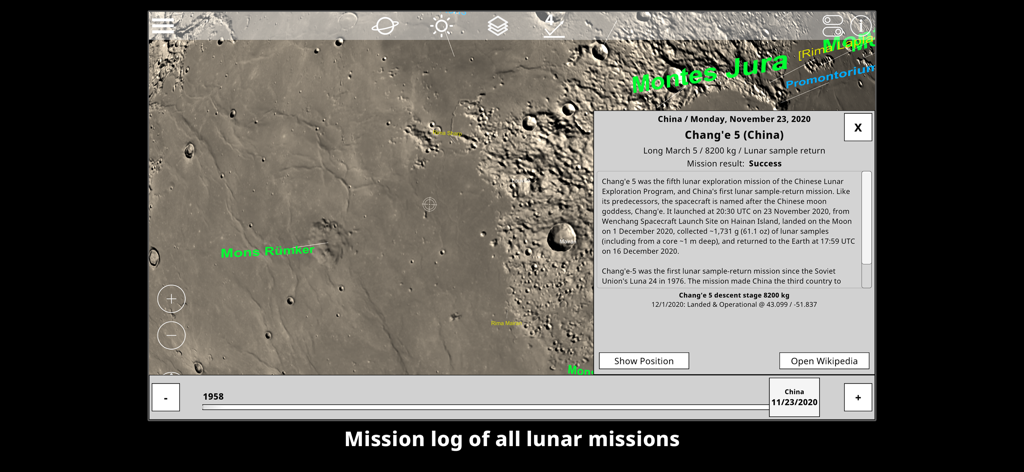 GlobeViewer Moon PRO - A 3D lunar map showing the location and mission details of the Chinese Chang e 5 landing site