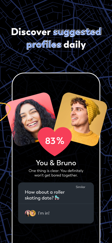 LOVOO App-Oberfläche zeigt ein 83-prozentiges Kompatibilitäts-Match zwischen zwei Benutzern und ein vorgeschlagenes Rollschuh-Date