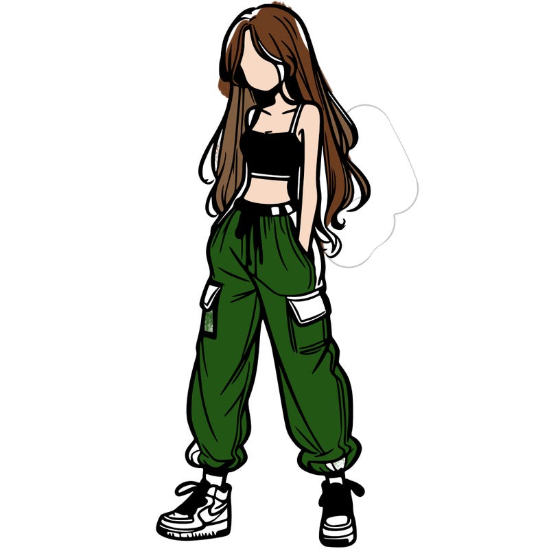 girl in baggy pants crop top and long hair